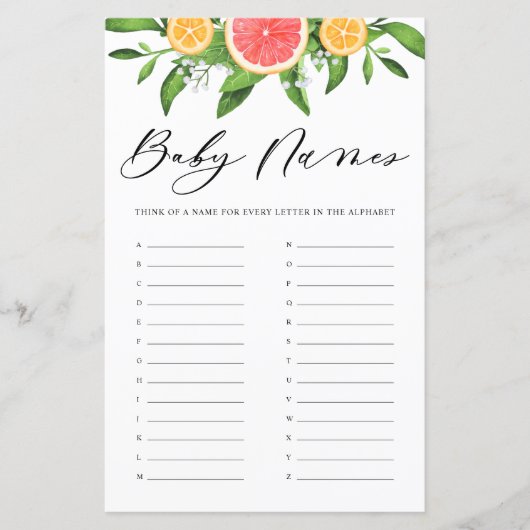 Grapefruit Baby namen Alfabet Baby shower Game (Voorkant)