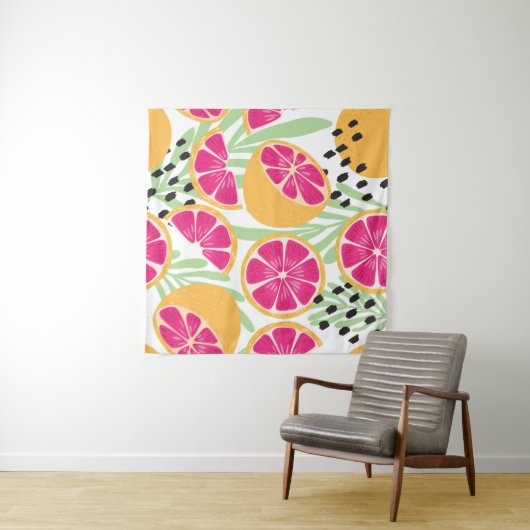 Grapefruit & Bladeren: Tropisch Wandkleed (In Situ (horizontaal))