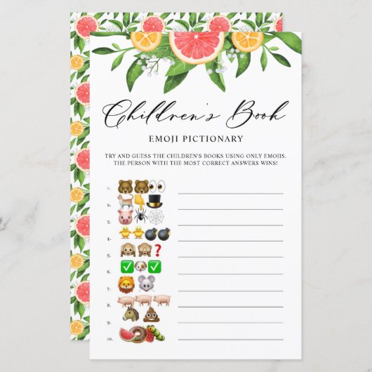 Grapefruit Book Emoji Pictionary Baby shower Game (Voorkant / Achterkant)