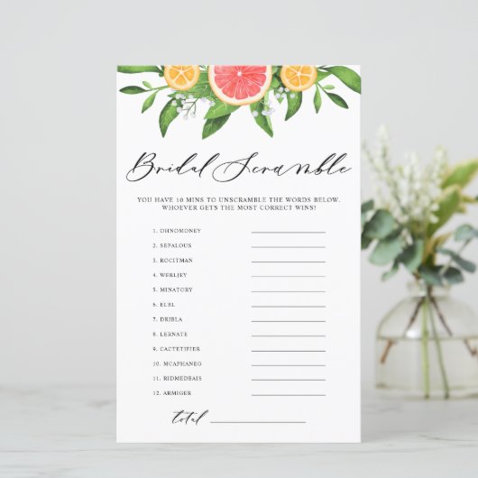 Grapefruit Bridal Word Scramble Vrijgezellenfeest  (Staand voorkant)