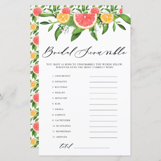 Grapefruit Bridal Word Scramble Vrijgezellenfeest  (Voorkant / Achterkant)