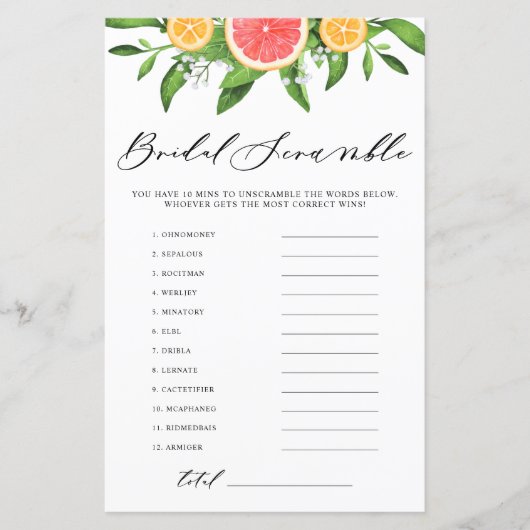 Grapefruit Bridal Word Scramble Vrijgezellenfeest  (Voorkant)