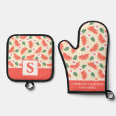 Grapefruit Citrus Floral Schattige Zomer Monogramm Ovenwant & Pannenlap Set (Voorkant)