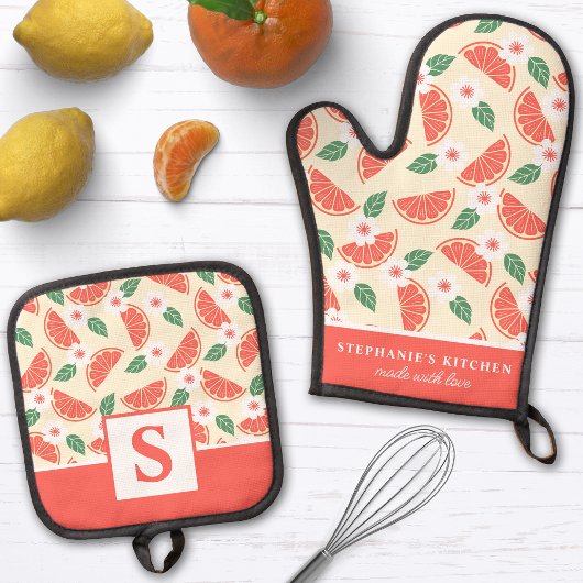 Grapefruit Citrus Floral Schattige Zomer Monogramm Ovenwant & Pannenlap Set