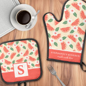 Grapefruit Citrus Floral Schattige Zomer Monogramm Ovenwant & Pannenlap Set