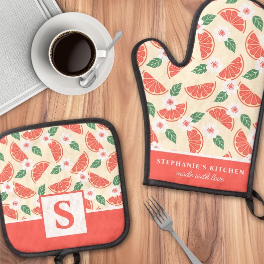 Grapefruit Citrus Floral Schattige Zomer Monogramm Ovenwant & Pannenlap Set