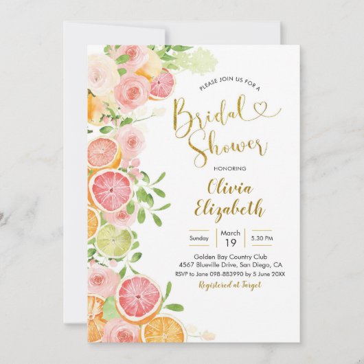 Grapefruit Citrus Fruit Bridal Shower Invitation Kaart (Voorkant)