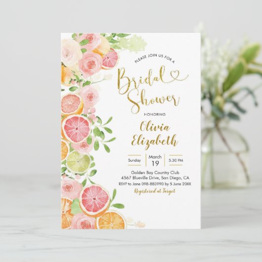 Grapefruit Citrus Fruit Bridal Shower Invitation Kaart (Staand voorkant)