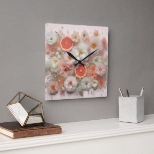 Grapefruit en bloemen Abstract Vierkante Klok