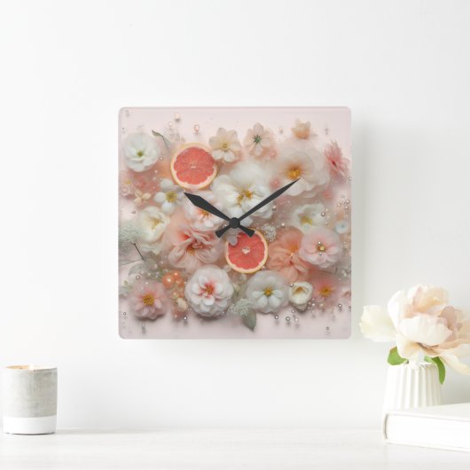 Grapefruit en bloemen Abstract Vierkante Klok (Huis)