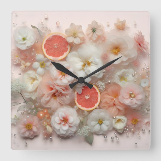 Grapefruit en bloemen Abstract Vierkante Klok (Voorkant)