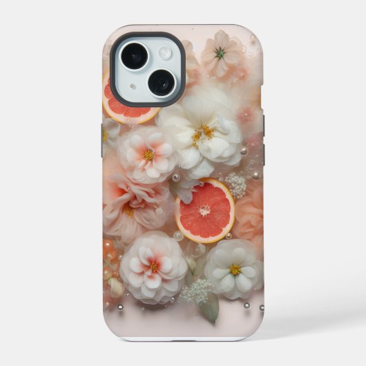Grapefruit en bloemen iPhone 15 case (Achterkant)