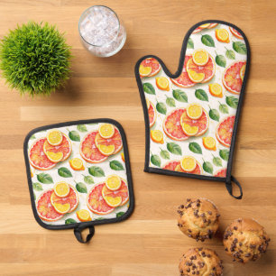 Grapefruit en citroenen Waterverf Citrus Ovenwant & Pannenlap Set