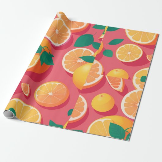Grapefruit Retro Kleurrijk Gepersonaliseerd Patroo Cadeaupapier (Uitgerold)