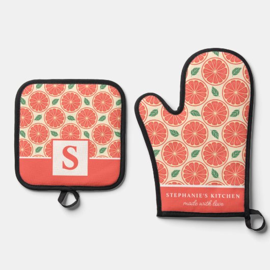 Grapefruit Slices Citrus Schattige Zomer Monogram Ovenwant & Pannenlap Set (Voorkant)
