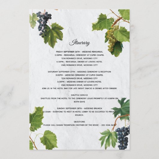 Grapes Greek Island Wedding Itinerary Programme Programmakaart (Achterkant)