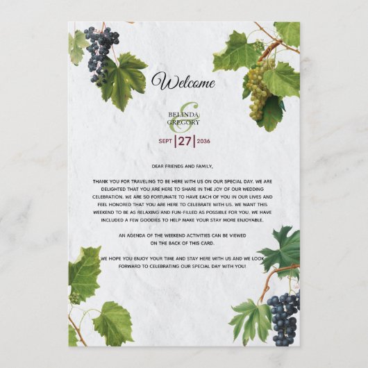 Grapes Greek Island Wedding Itinerary Programme Programmakaart (Voorkant)