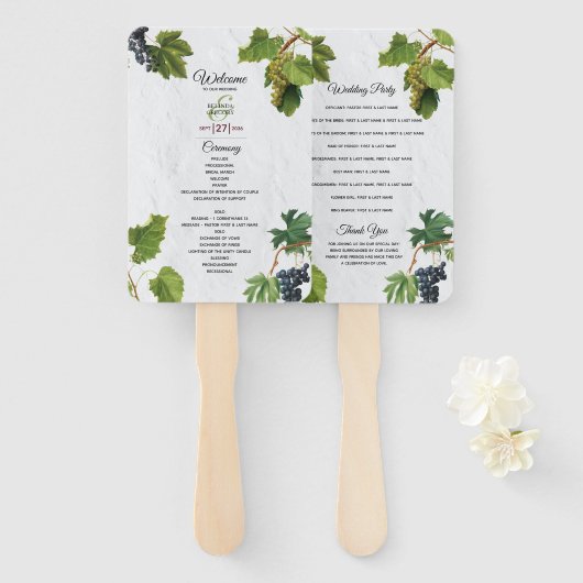 Grapes Vineyard Greek Island Wedding Programme Handwaaier (Voorkant en achterkant)