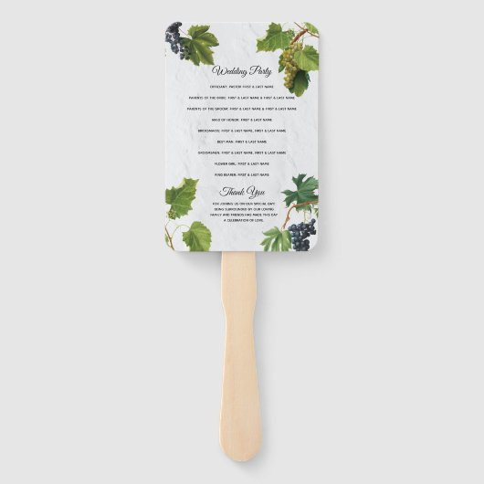 Grapes Vineyard Greek Island Wedding Programme Handwaaier (Achterkant)