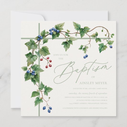 Grapevine Bedekte Cross Soft Green Script Doop Kaart (Voorkant)
