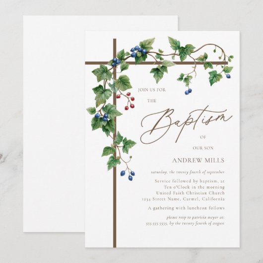 Grapevine Bedekte Woodsy Brown Cross doop Kaart (Voorkant / Achterkant)