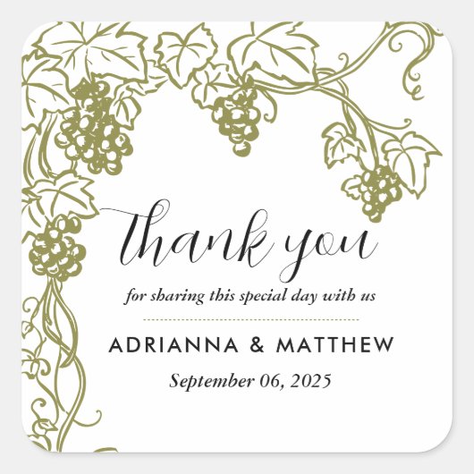 Grapevine Elegant bruiloft Dank u | wijngaard Vierkante Sticker (Voorkant)