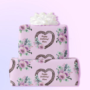 Grapevine Heart Wreath Purple Flowers Naam toevoeg Cadeaupapier