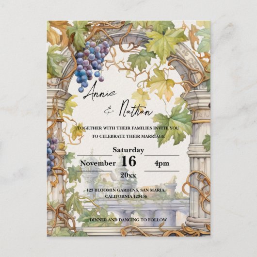 Grapevine Romantische wijngaard bruiloft uitnodigi Briefkaart (Voorkant)