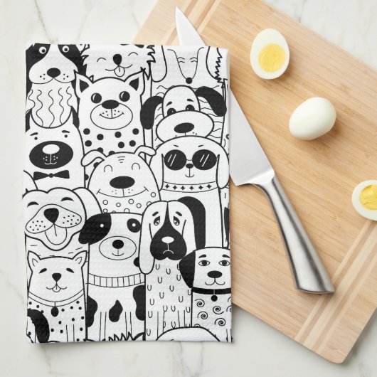 Graphic Art Line Tekening Dog Cartoons Theedoek (Quarter Fold)