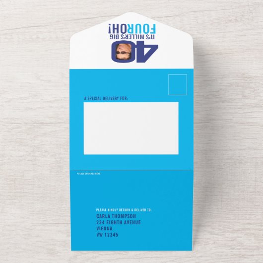 Graphic navy sky blauw 40th Verjaardagsfeestfoto All In One Uitnodiging (Buitenkant)