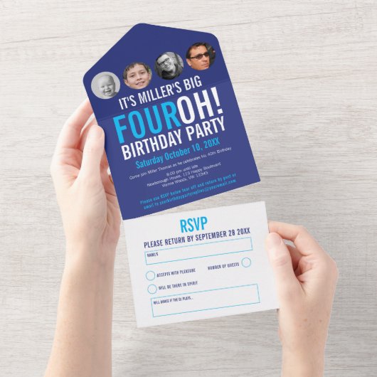 Graphic navy sky blauw 40th Verjaardagsfeestfoto All In One Uitnodiging (Afscheurbaar)