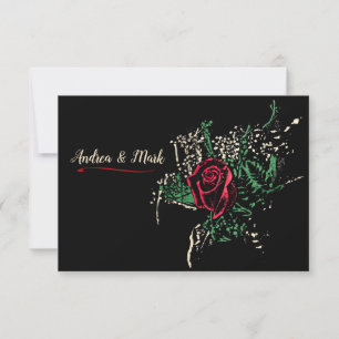Graphic Red Rose Leaves Baby's Breath Wedding Kaart