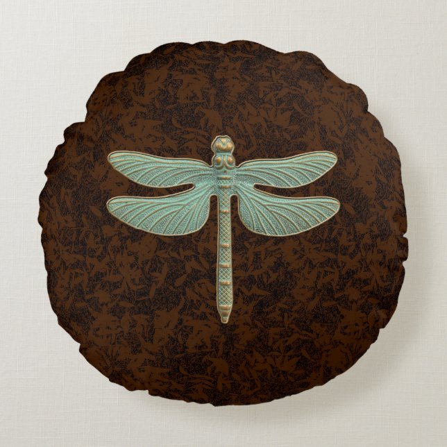Graphic  Stijl Patina Dragonfly Groen Bruin Rond Kussen (Voorkant)