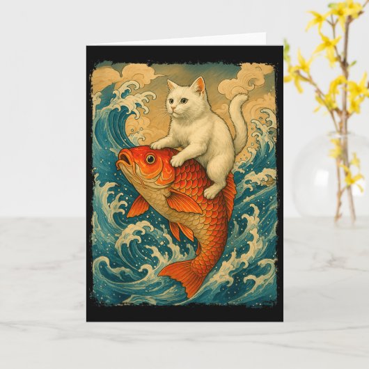 Graphic Tee Men Women Funny Cat Koi Japanese Art W Kaart (Gele Bloem)