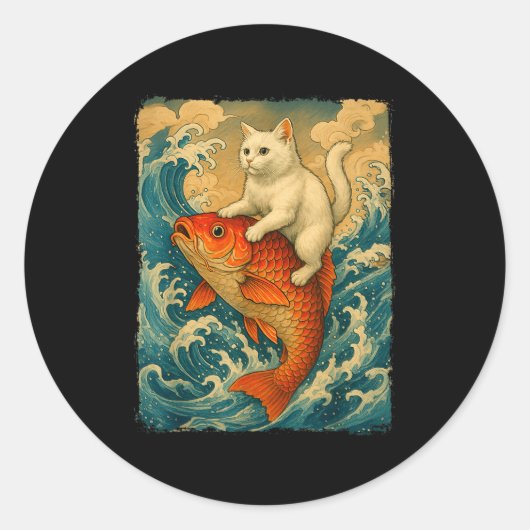 Graphic Tee Men Women Funny Cat Koi Japanese Art W Ronde Sticker (Voorkant)