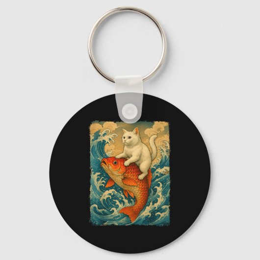 Graphic Tee Men Women Funny Cat Koi Japanese Art W Sleutelhanger (Voorkant)