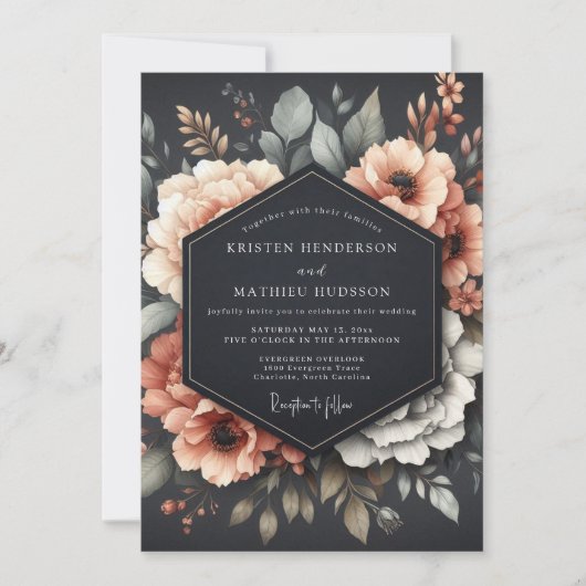 Graphite Coral Somber Flora Wedding Kaart (Voorkant)
