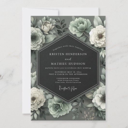 Graphite Mint Bloom Wedding Kaart (Voorkant)