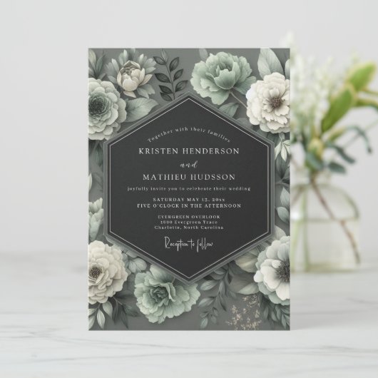 Graphite Mint Bloom Wedding Kaart (Staand voorkant)