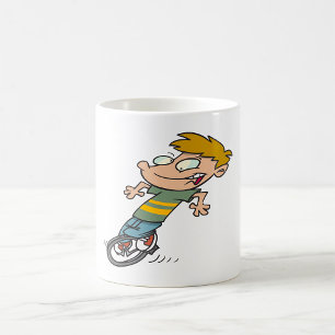 Grapjas ventje op een eenwieler koffiemok