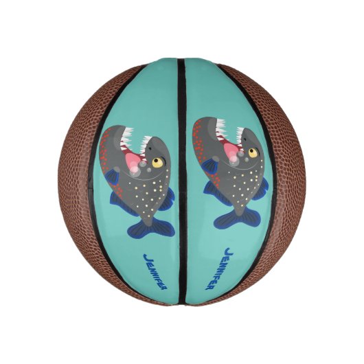 Grapjige piranha cartoon illustratie basketbal (Verticaal)