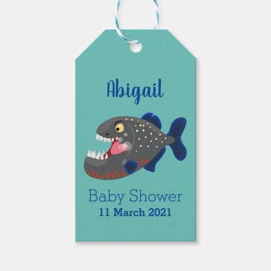 Grapjige piranha cartoon illustratie cadeaulabel (Voorkant)