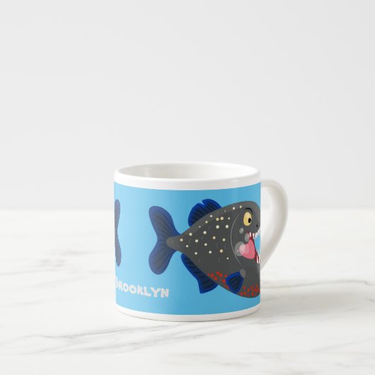 Grapjige piranha cartoon illustratie espresso kop (Voorkant rechts)