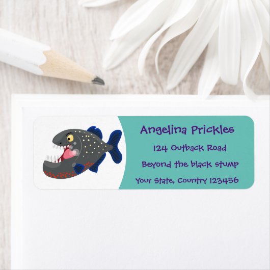 Grapjige piranha cartoon illustratie etiket (Insitu)