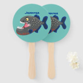 Grapjige piranha cartoon illustratie handwaaier (Voorkant en achterkant)