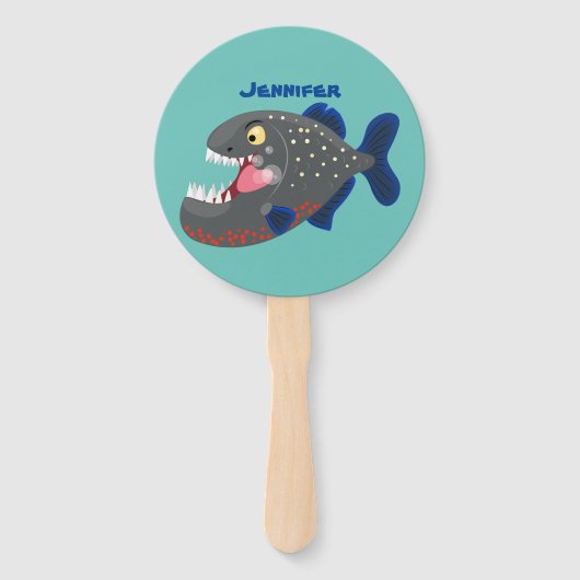 Grapjige piranha cartoon illustratie handwaaier (Voorkant)