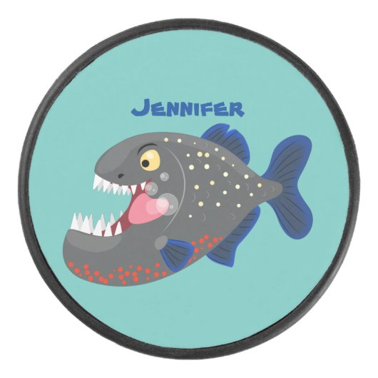 Grapjige piranha cartoon illustratie hockey puck (Voorkant)