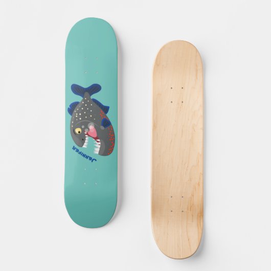Grapjige piranha cartoon illustratie persoonlijk skateboard (Voorkant)