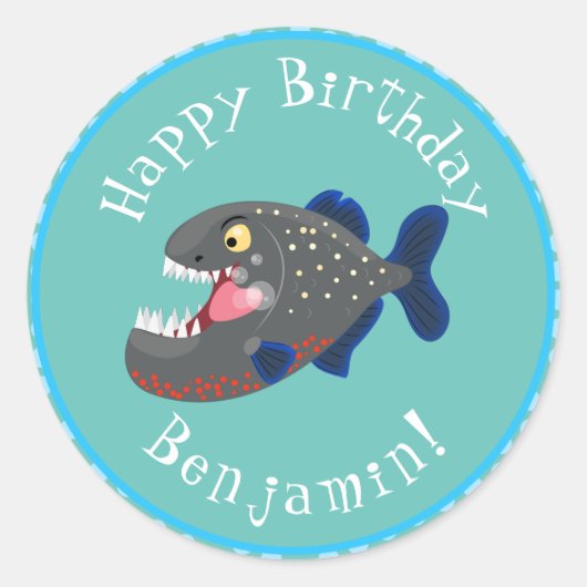 Grapjige piranha cartoon illustratie ronde sticker (Voorkant)