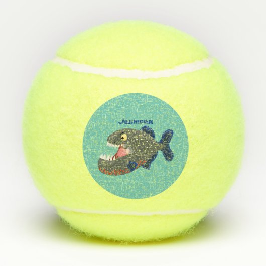 Grapjige piranha cartoon illustratie tennisballen (Achterkant)